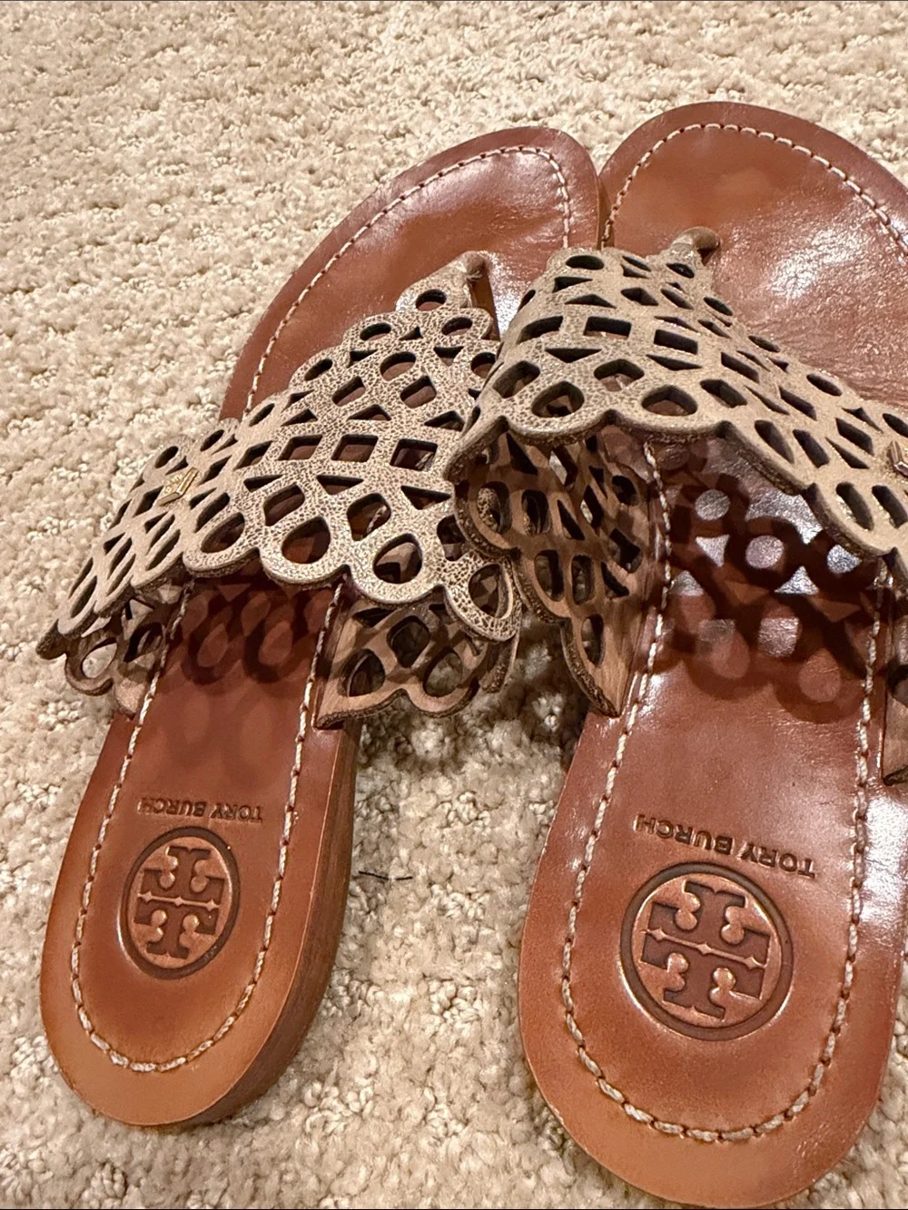 Tory Burch Metallic Bronze Laser-Cut Thong Sandals